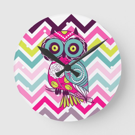 Chevron Retro Groovy Owl Ronde Klok (Voorkant)
