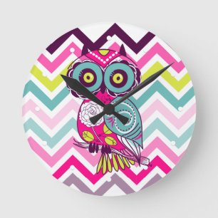Chevron Retro Groovy Owl Ronde Klok