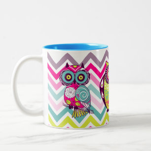 Chevron Retro Groovy Owls Tweekleurige Koffiemok