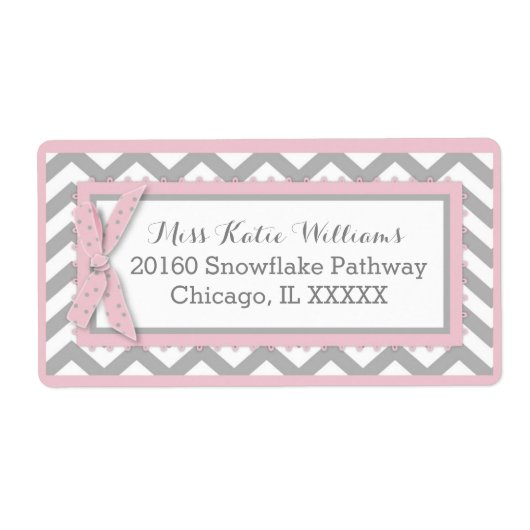 Chevron roze polka-dot strik baby meisje label (Voorkant)