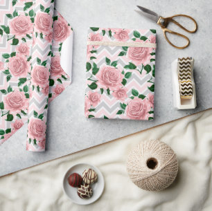 Chevron Roze Rozen Cadeaupapier