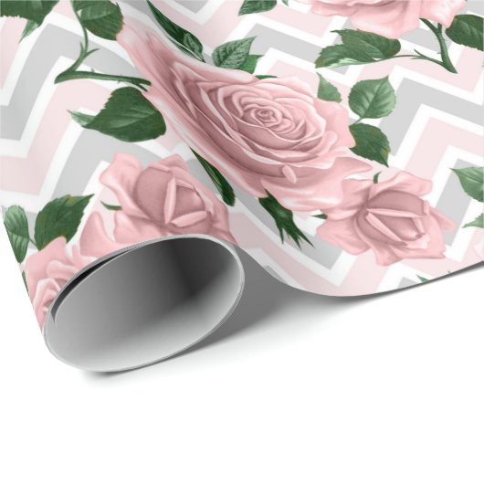 Chevron Roze Rozen Cadeaupapier (Rol Hoek)