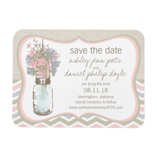 Chevron Rustic Chic Mason Jar Save the Date Magneet (Horizontaal)