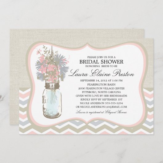 Chevron Rustic Chic Mason Jar Vrijgezellenfeest Kaart (Voorkant / Achterkant)