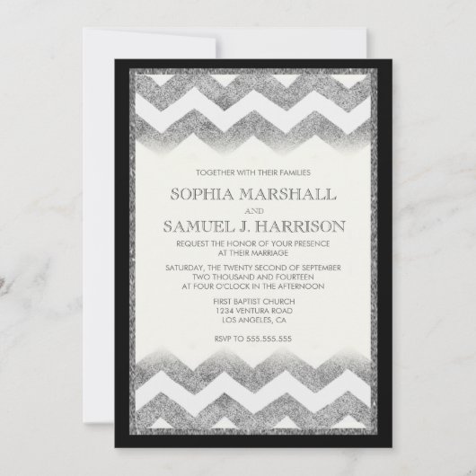 Chevron Silver Glitter Wedding Invitation Kaart (Voorkant)