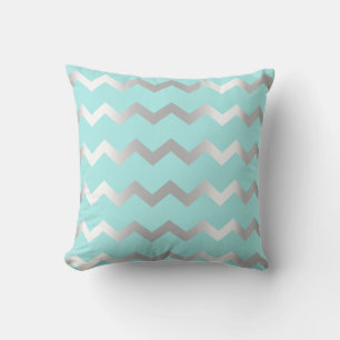 Chevron Silver Grey Aqua Water Metaallijnen Kussen