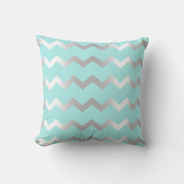 Chevron Silver Grey Aqua Water Metaallijnen Kussen (Voorkant)