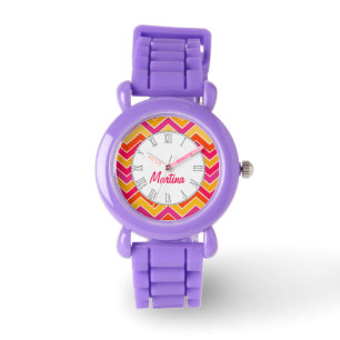 Chevron sinaasappel, roze & rode print naam polsho horloge