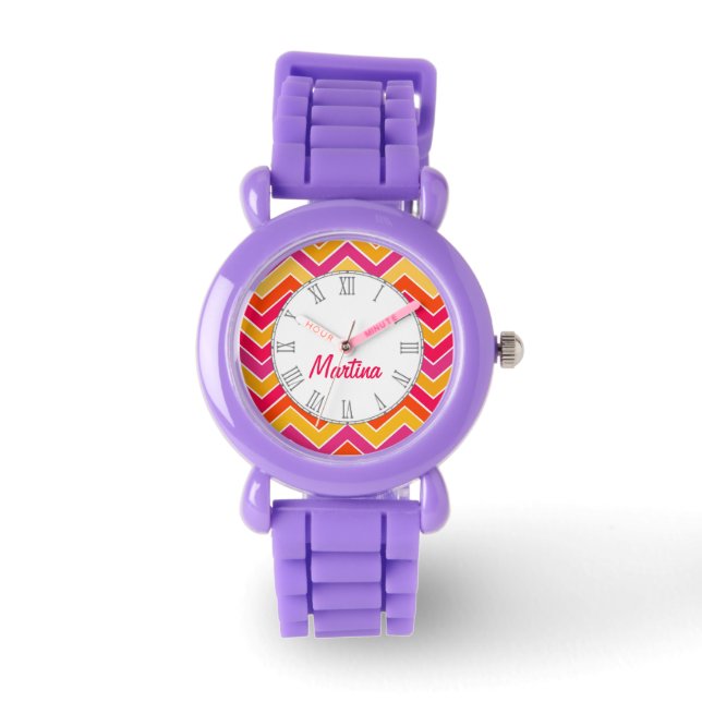 Chevron sinaasappel, roze & rode print naam polsho horloge (Voorkant)