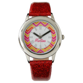 Chevron sinaasappel, roze & rode print naam polsho horloge