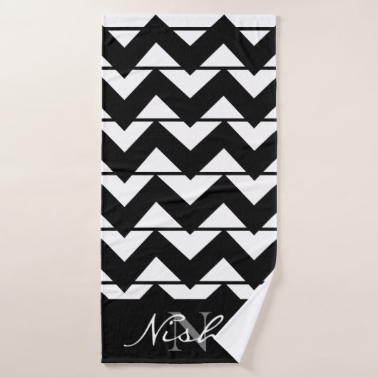 Chevron Streep Zwart en Wit Monogram Badhanddoek (Badhanddoek)