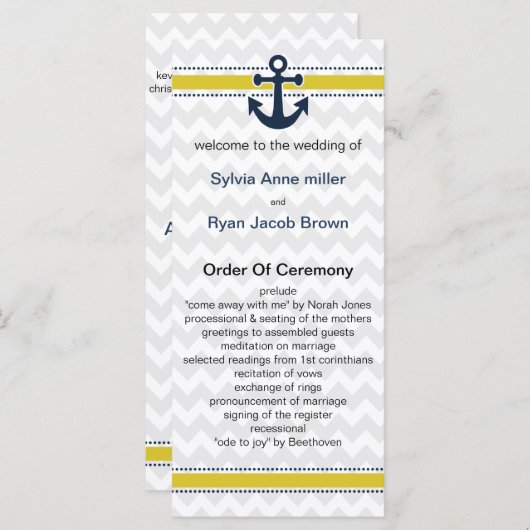 chevron strepen, anker, nautisch huwelijksprogramm programmakaart (Voorkant / Achterkant)