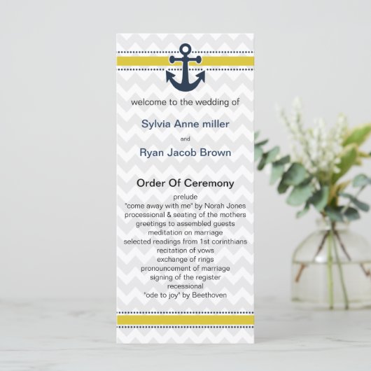 chevron strepen, anker, nautisch huwelijksprogramm programmakaart (Staand voorkant)