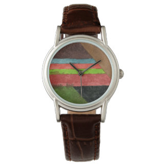 Chevron, strepen in bruin, groen, blauw, rood horloge