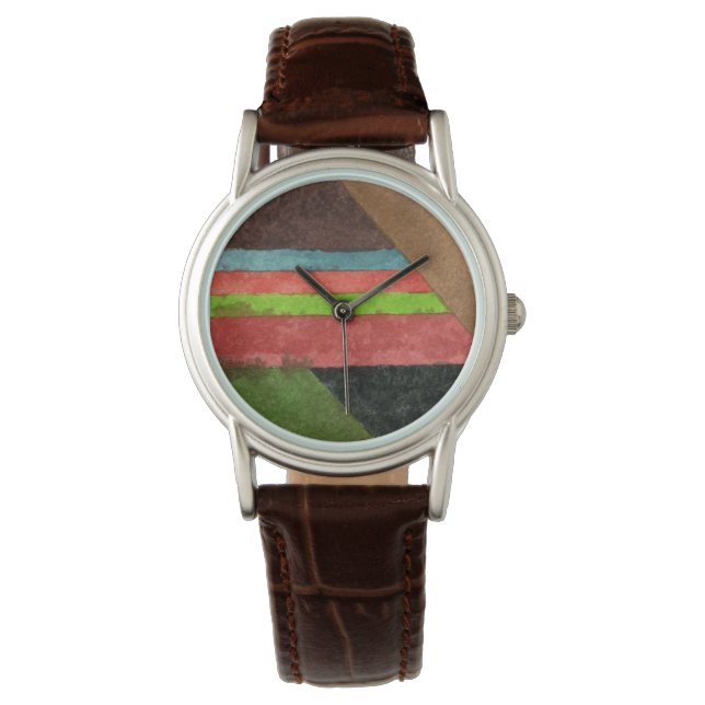 Chevron, strepen in bruin, groen, blauw, rood horloge (Voorkant)