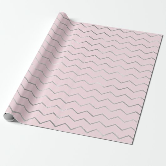 Chevron Strepen Lijnen Zilver Metallic Roze Elegan Cadeaupapier (Uitgerold)