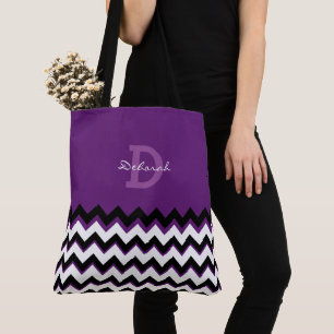 Chevron Stripes + naam op paarse Tote Bag