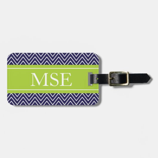 Chevron Stripes Personalized Monogram Navy Limoen Bagagelabel (Voorkant horizontaal)