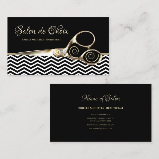 Chevron Stripes Salon Gold Haarstylist Schaar Visitekaartje (Voorkant / Achterkant)