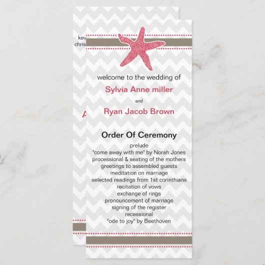 Chevron Stripes, Starfish Mod Beach Wedding Design Programmakaart (Voorkant / Achterkant)