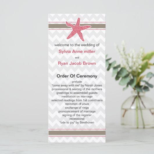 Chevron Stripes, Starfish Mod Beach Wedding Design Programmakaart (Staand voorkant)