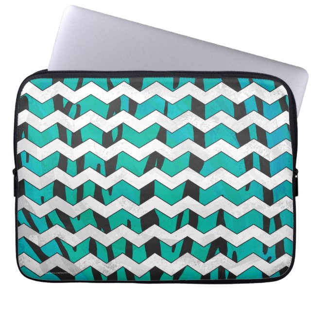 Chevron Tiger Black en Blauwgroen afdrukken Laptop Sleeve (Voorkant)