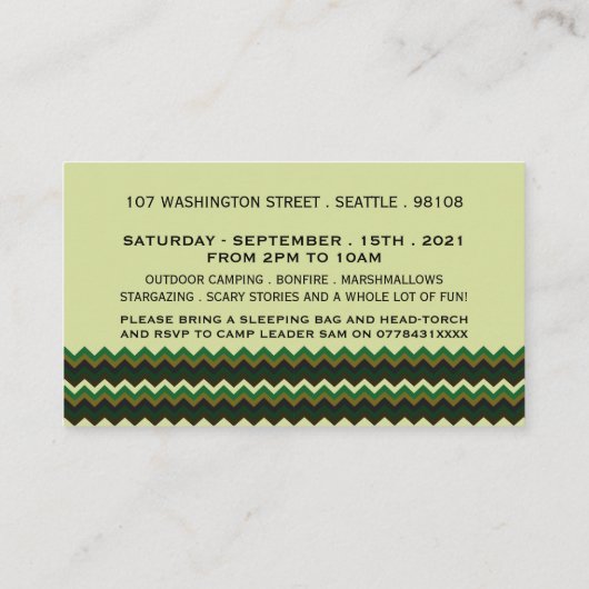 Chevron Tipi, Kind Camping Birthday Party Ticket Informatiekaartje (Achterkant)