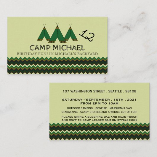 Chevron Tipi, Kind Camping Birthday Party Ticket Informatiekaartje (Voorkant / Achterkant)
