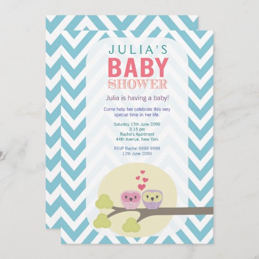 Chevron Uilen in Tree Baby shower Uitnodigen Kaart (Voorkant / Achterkant)