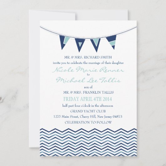 Chevron Waves met Nautical Love Banner Invitation Kaart (Voorkant)