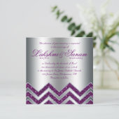 Chevron Wedding Invite Sparkle Paars Silver 2 Kaart (Staand voorkant)