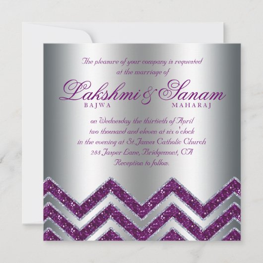 Chevron Wedding Invite Sparkle Paars Silver 2 Kaart (Voorkant)