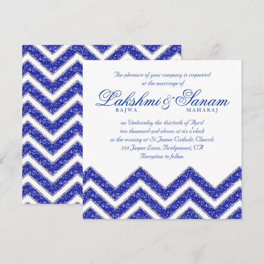 Chevron Wedding Invite Sparkle Royal Blue White Kaart (Voorkant / Achterkant)