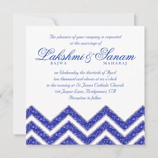 Chevron Wedding Invite Sparkle Royal Blue White Kaart (Voorkant)