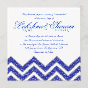 Chevron Wedding Invite Sparkle Royal Blue White Kaart