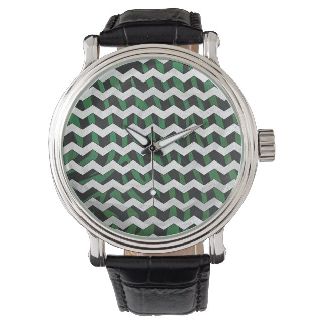 Chevron Zebra Black en Green Print Horloge (Voorkant)