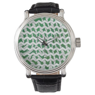 Chevron Zebra Green en White Print Horloge