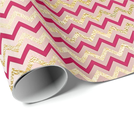 Chevron Zig Zag Gold Metallic Bright Snoep Roze Cadeaupapier (Rol Hoek)