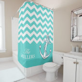 Chevron Zigzag Patroon Nautische Knoop Anker Aqua Douchegordijn (In situ)