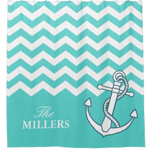 Chevron Zigzag Patroon Nautische Knoop Anker Aqua Douchegordijn (Voorkant)