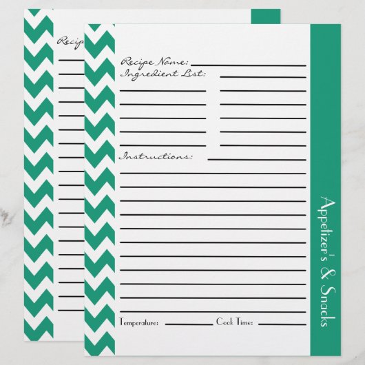 Chevron Zigzag Striped Recipe Sheets - Blauwgroen (Voorkant / Achterkant)