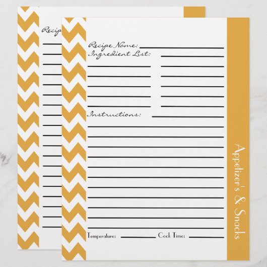 Chevron Zigzag Striped Recipe Sheets - Geel (Voorkant / Achterkant)
