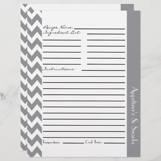 Chevron Zigzag Striped Recipe Sheets - Grey (Voorkant / Achterkant)