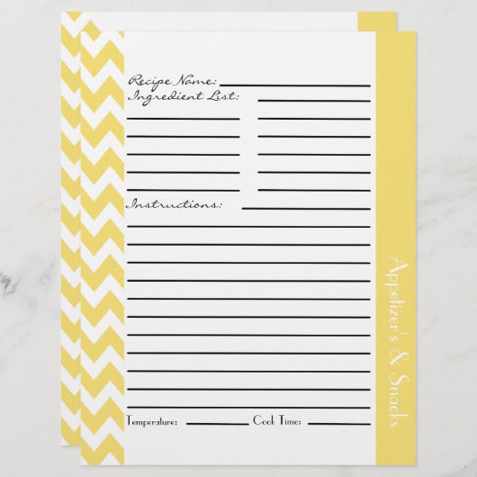 Chevron Zigzag Striped Recipe Sheets - Lemon (Voorkant / Achterkant)
