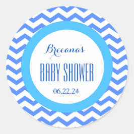 CHEVRONS Jongen Baby shower Naam Datum V06 BLAUW Ronde Sticker