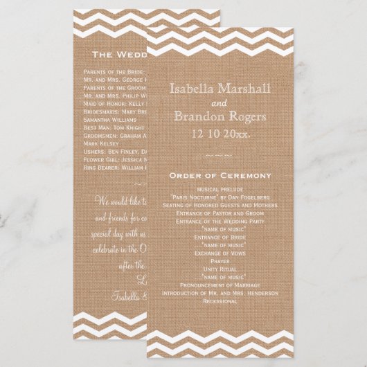 Chevrons op Burlap Wedding Programma Programmakaart (Voorkant / Achterkant)