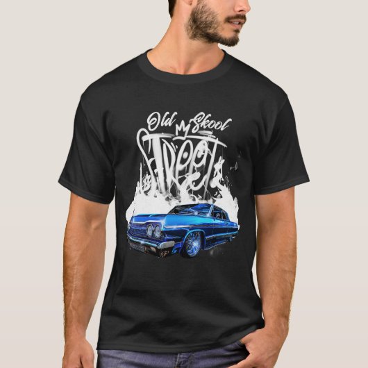 Chevy Low Rider Blauwe Auto Old School Witte Vlamm T-shirt (Voorkant)