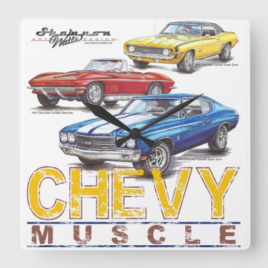 Chevy Musculair Square Clock Vierkante Klok (Voorkant)