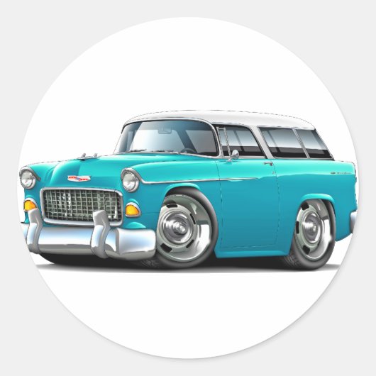 Chevy Nomad Turquoise-White 1955 Ronde Sticker (Voorkant)
