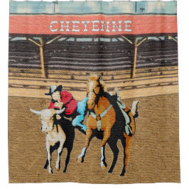 Cheyenne Rodeo Cowboy Steer Wrestling Douchegordijn